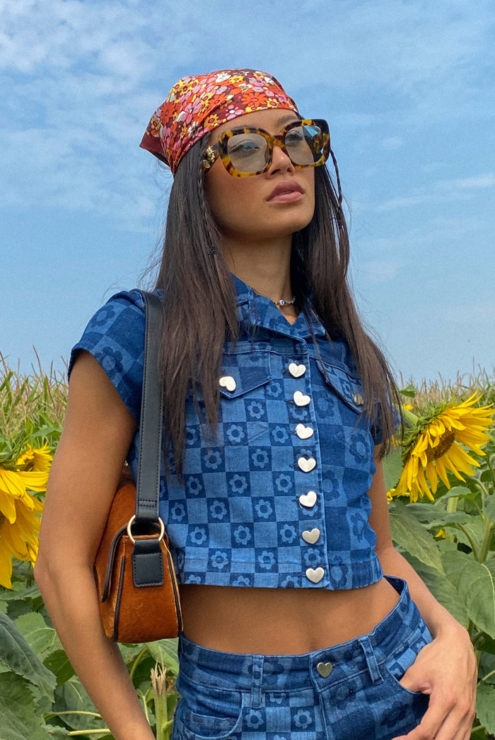 Flower Print Short Sleeve Denim Crop Top