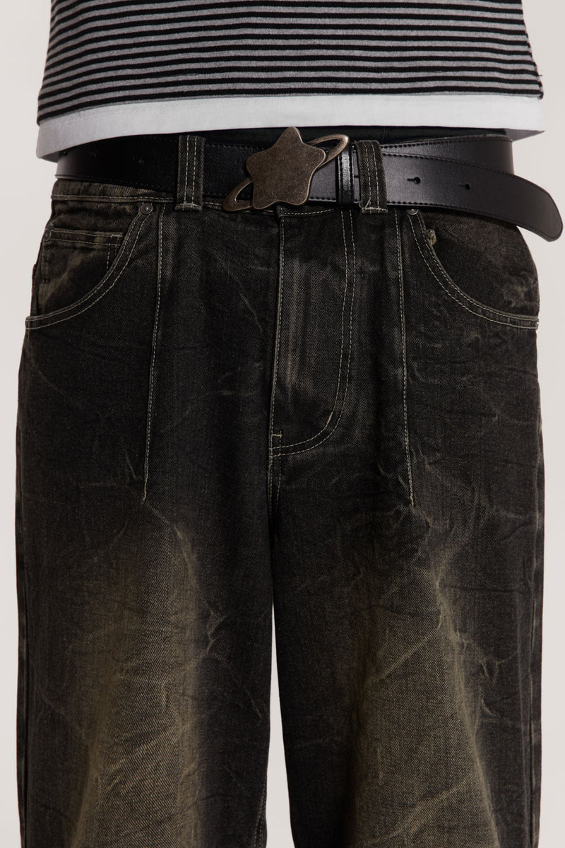 This black belt is crafted in real leather and features a silver brushed metal star orb buckle.