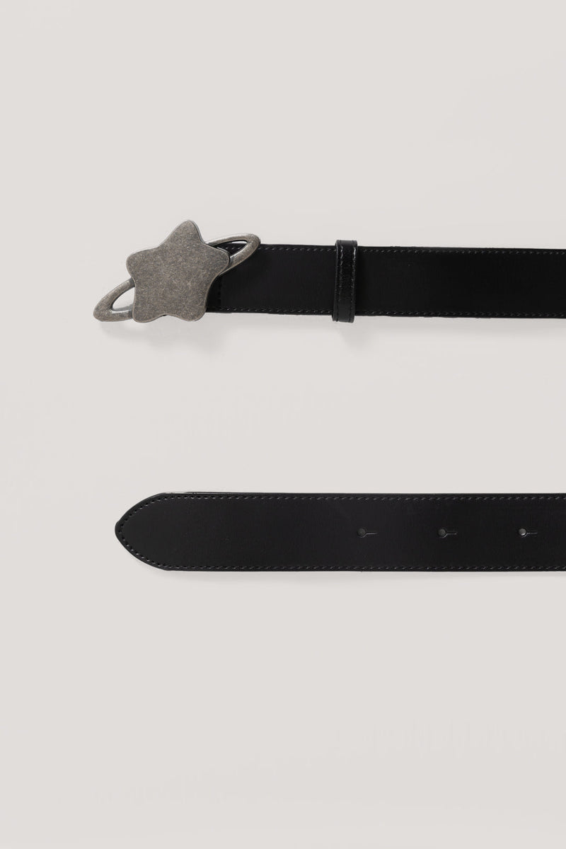 This black belt is crafted in real leather and features a silver brushed metal star orb buckle.