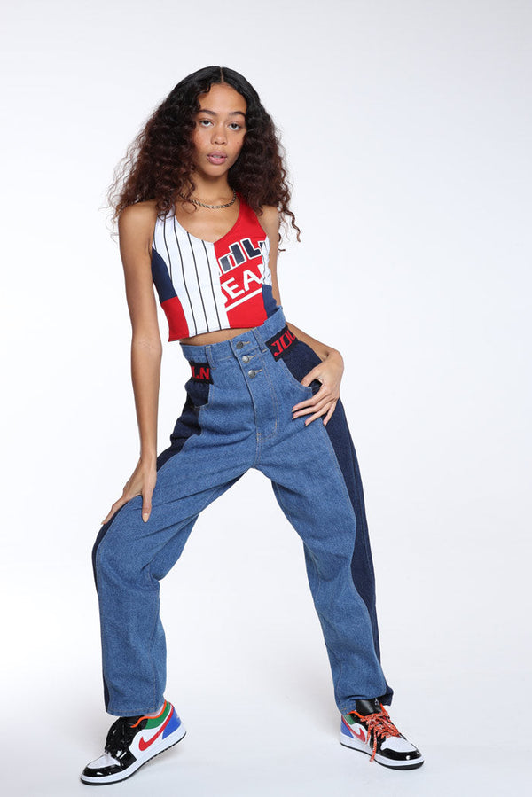 Paperbag Waist Panelled Denim Jeans With Elastic Waist