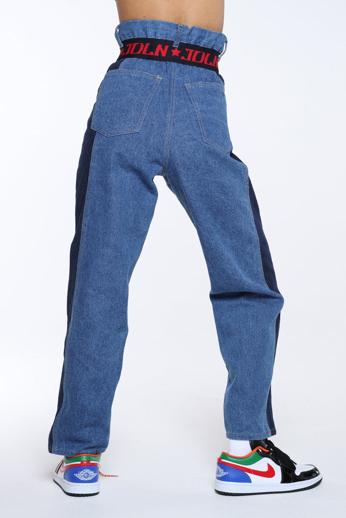 Paperbag Waist Panelled Denim Jeans With Elastic Waist