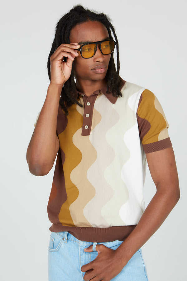 Brown Wavy Knit Fit Polo Shirt