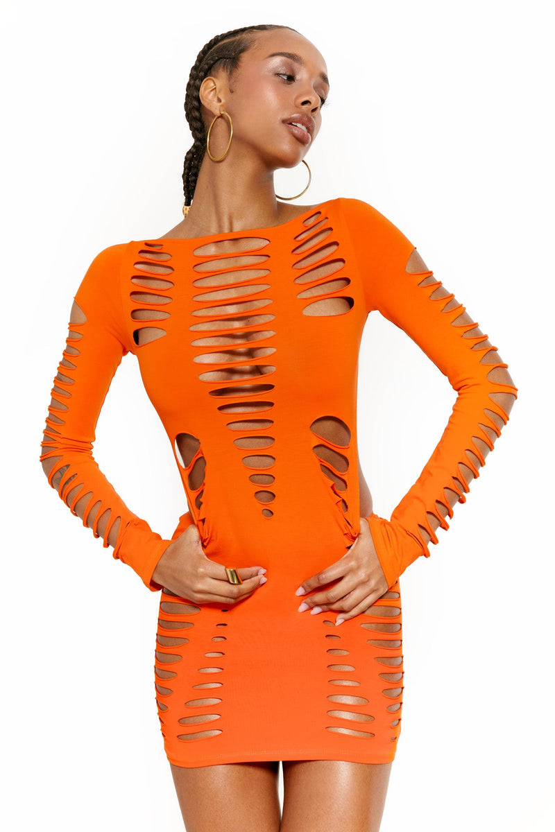 Female model wearing orange Butterfly Slashed Cut Out Backless long sleeve bodycon mini dress.