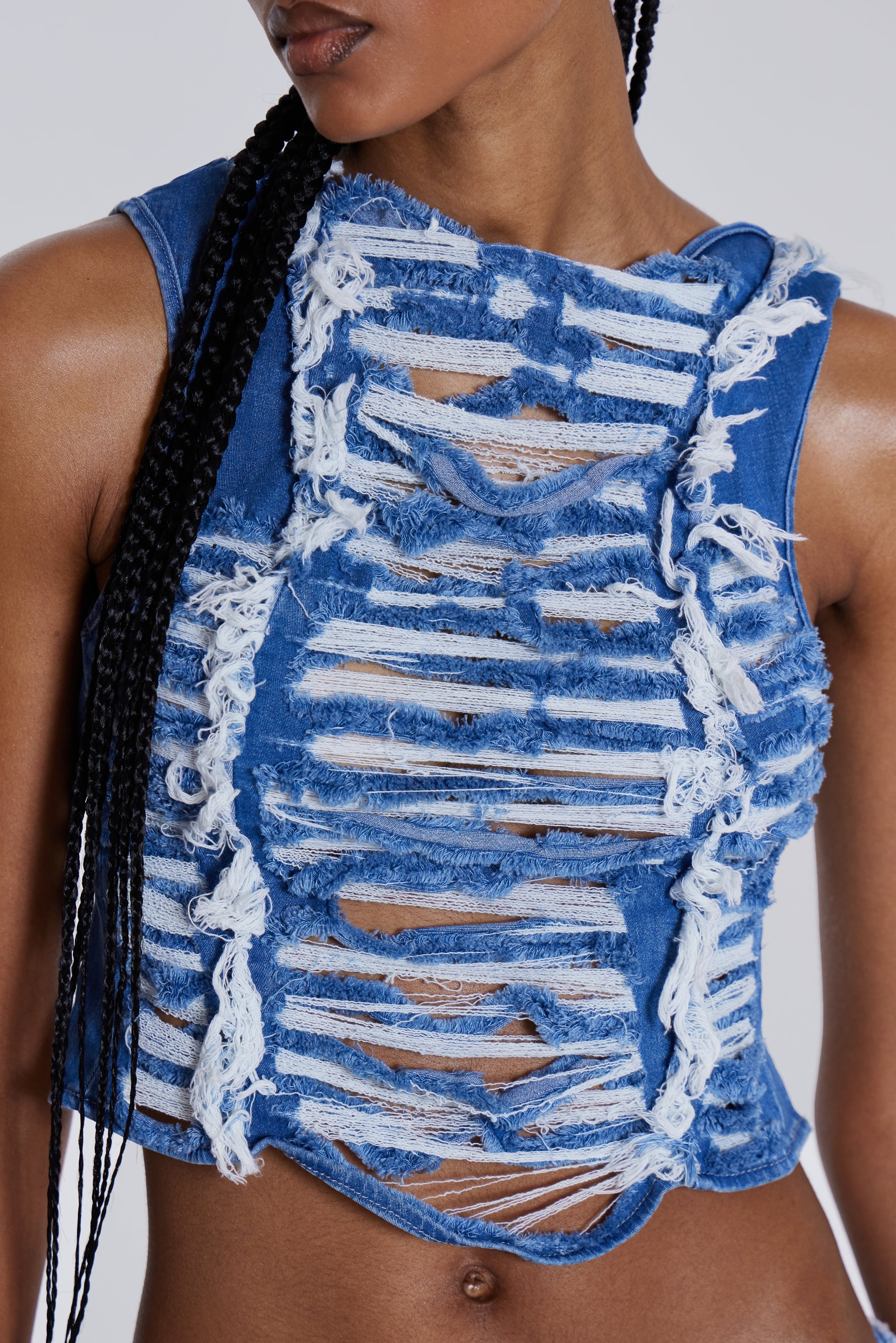 Shredded Denim High Neck Top