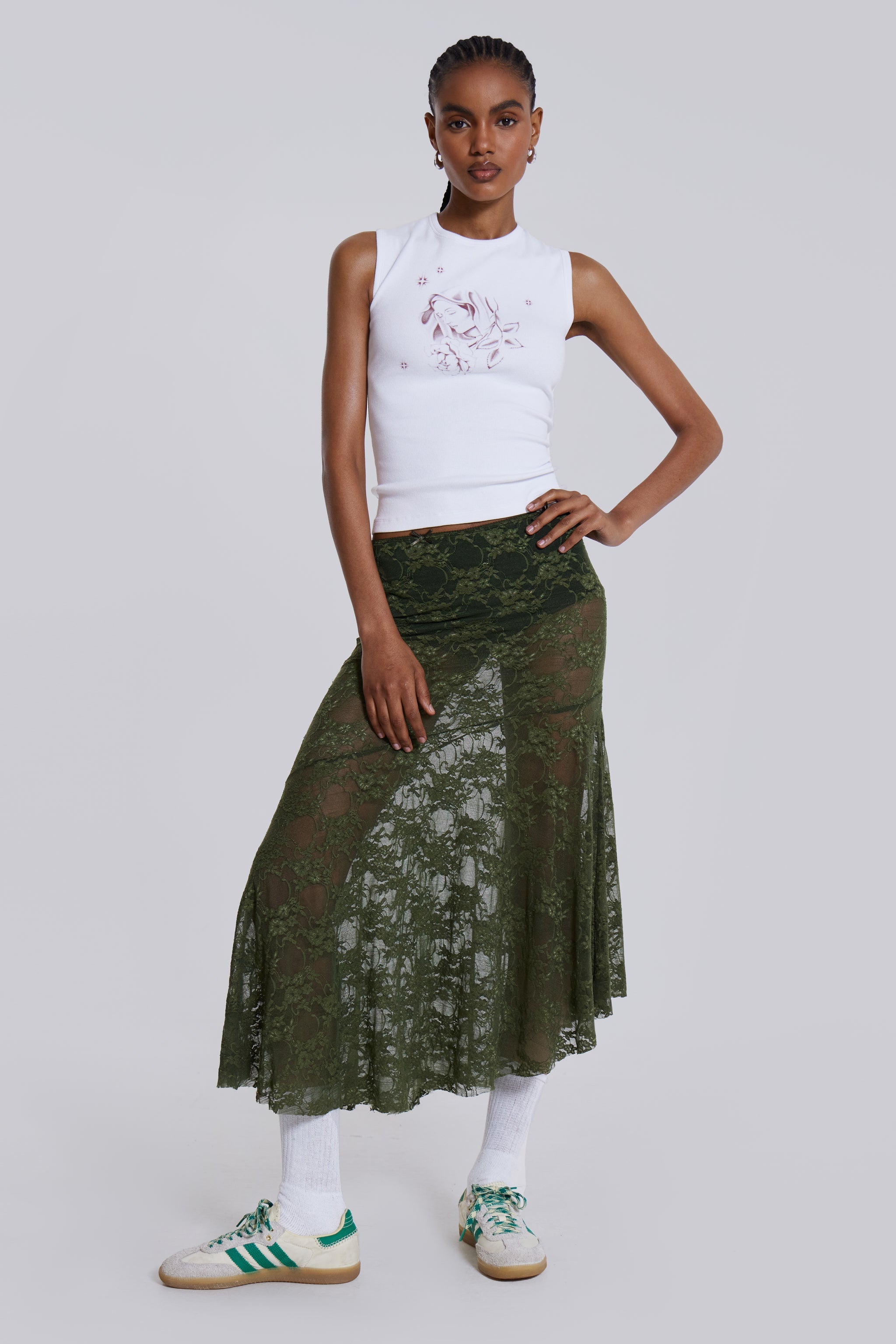 Rhea Khaki Lace Midi Skirt