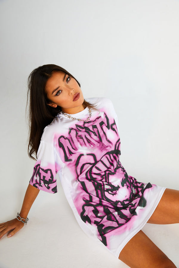 Pink Not Ur Angel Graffiti Print Oversized T-shirt Dress