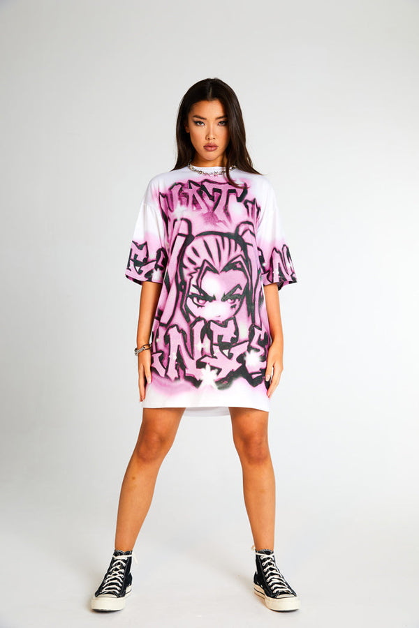 Pink Not Ur Angel Graffiti Print Oversized T-shirt Dress