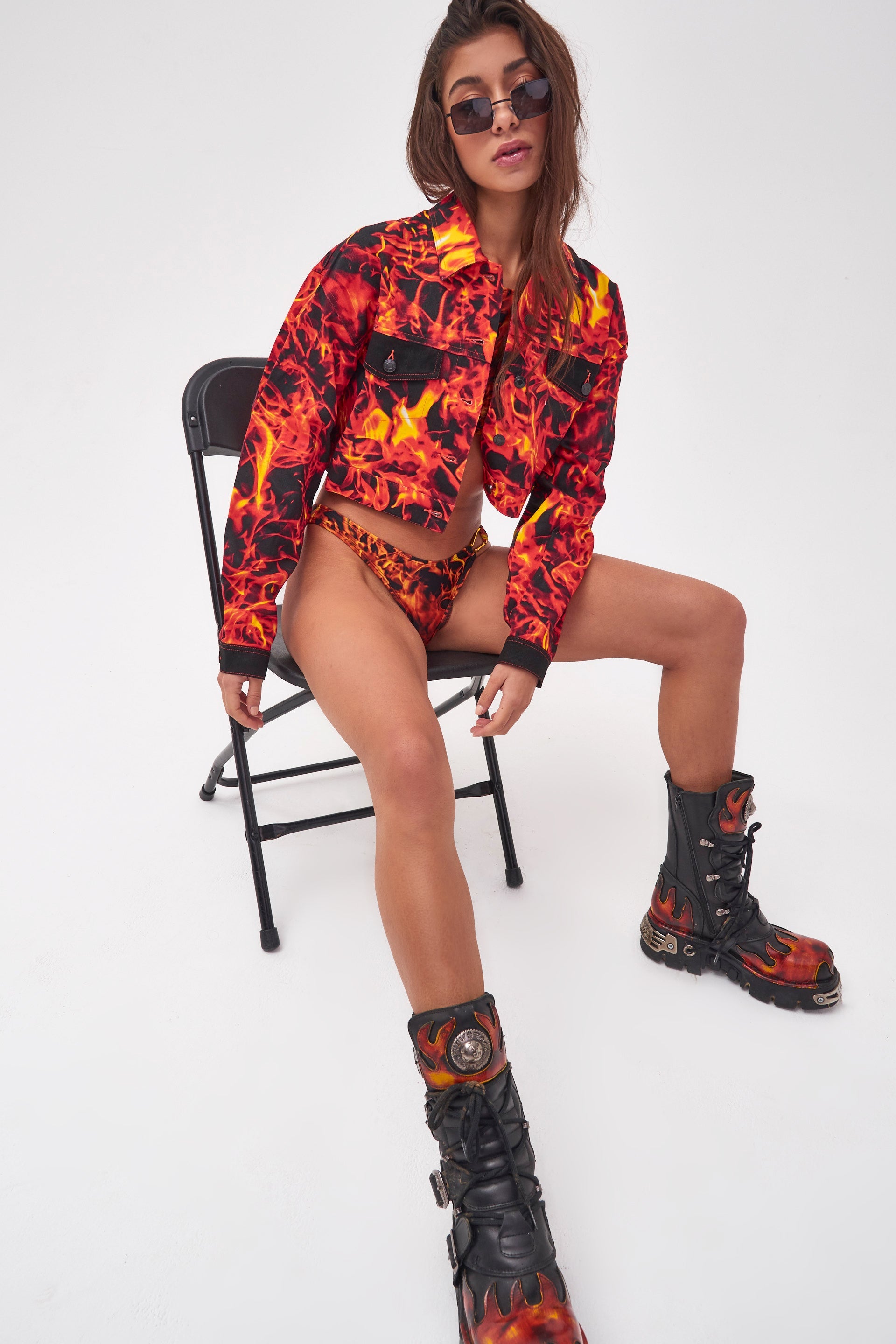 Flame Print Bikini Bottoms With Carabiner Detail