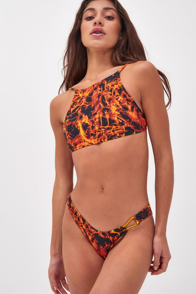 Flame Print Tie Back Crop Bikini Top