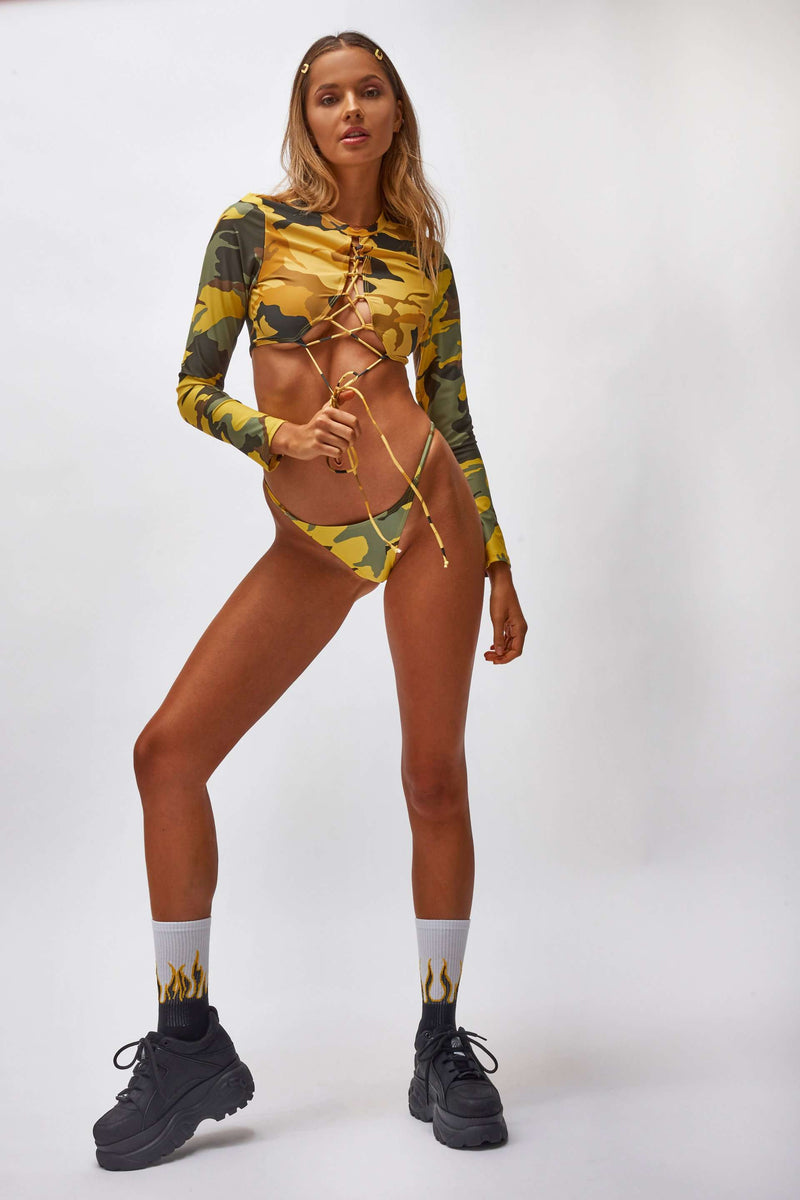 Yellow Camo Print Lace Up Front Bikini Top