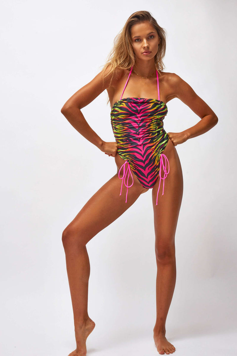 Neon Tiger Pink Ruched Swimsuit