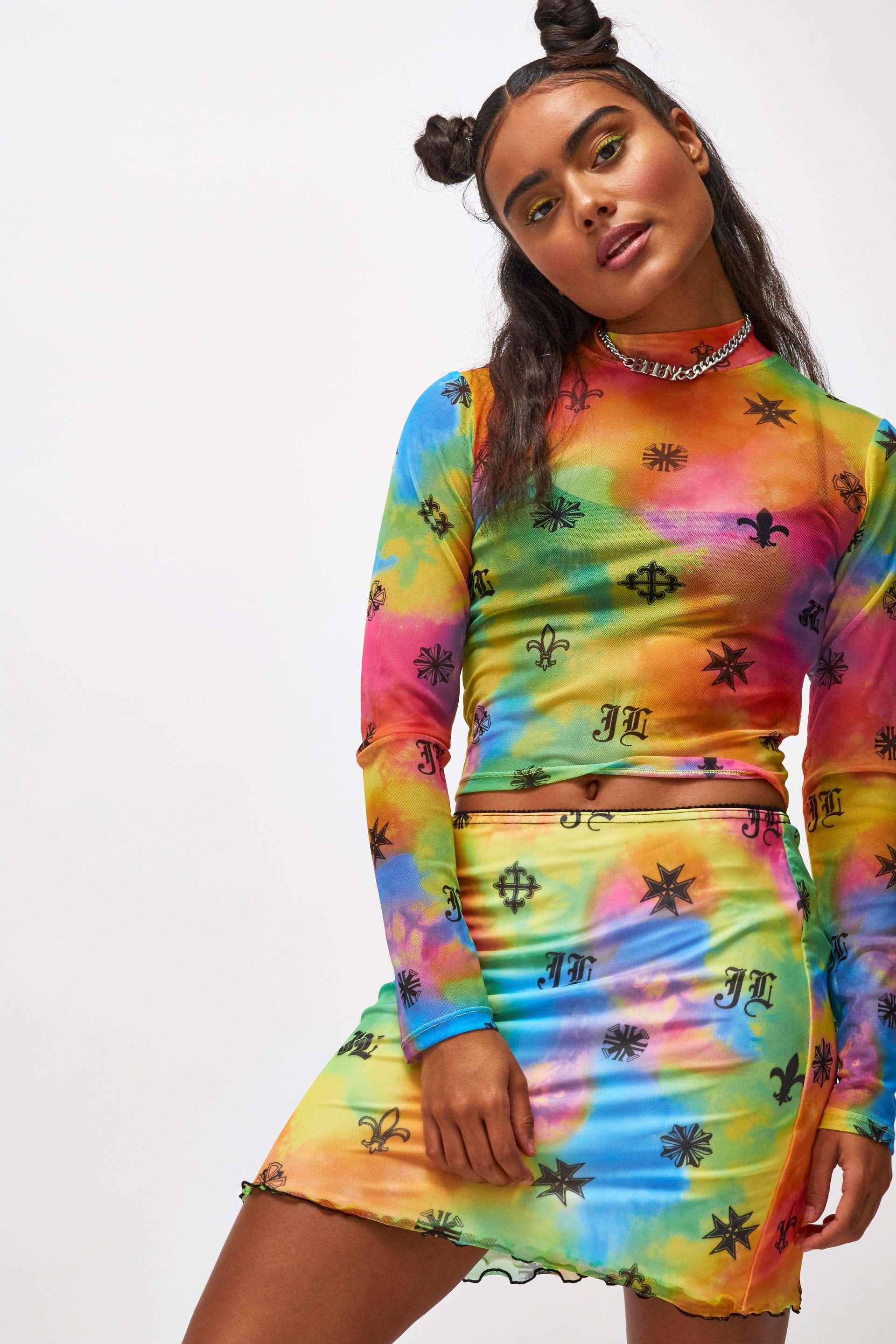 Neon Tie Dye Symbol Print Mesh Mini Skirt