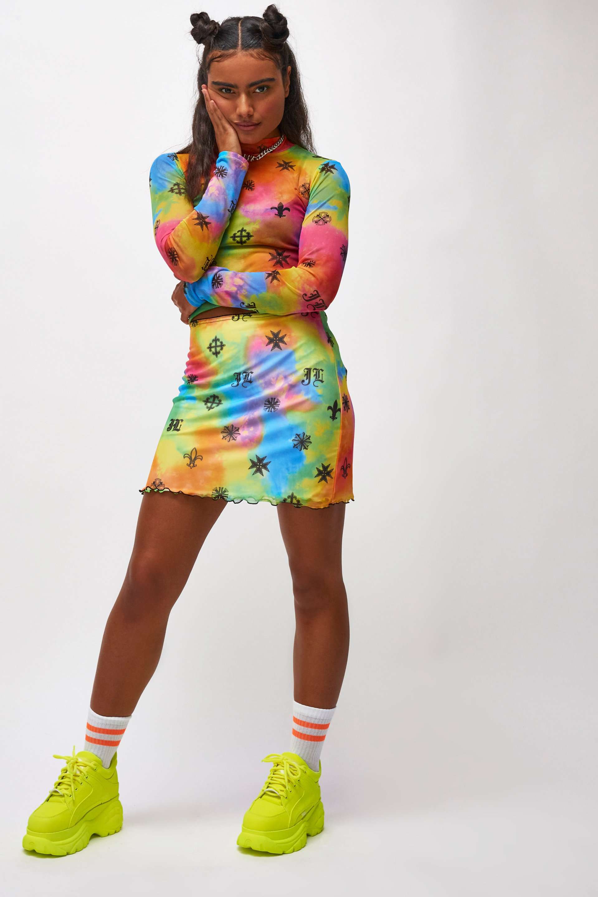 Neon Tie Dye Symbol Print Mesh Mini Skirt