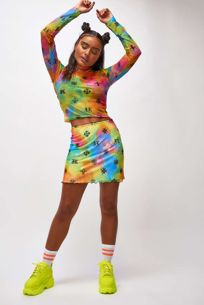 Neon Tie Dye Symbol Print Mesh Mini Skirt
