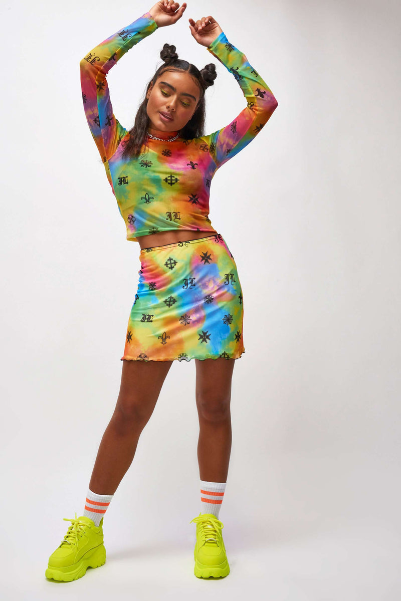 Neon Tie Dye Symbol Print Mesh Mini Skirt