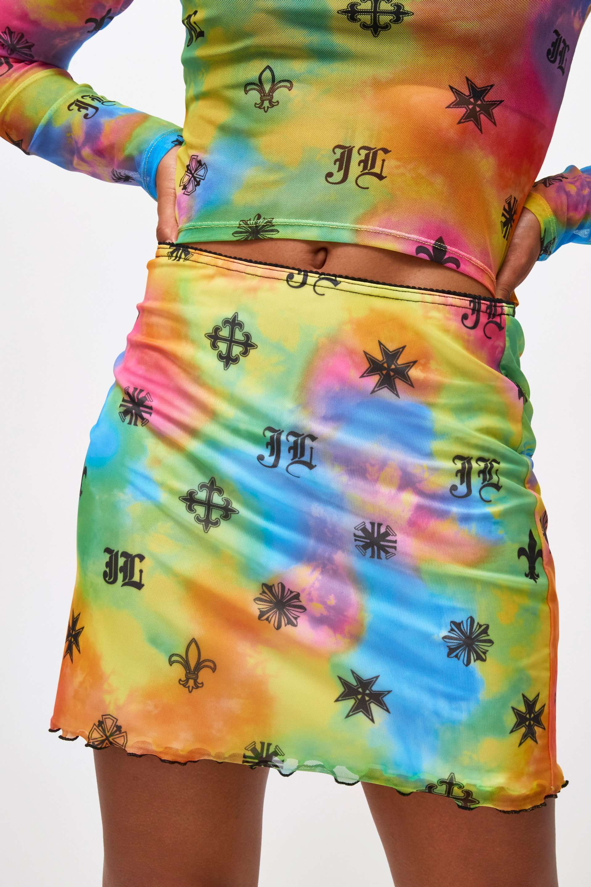 Neon Tie Dye Symbol Print Mesh Mini Skirt