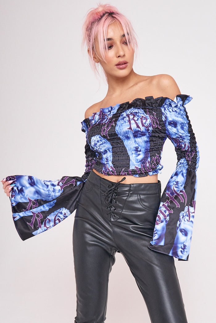 Statue Print Shirred Bardot Top