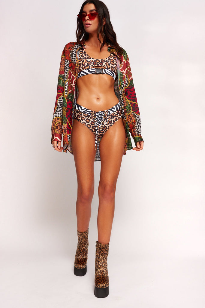 Leopard & Zebra Print Crop Bikini Top With Buckle Detail