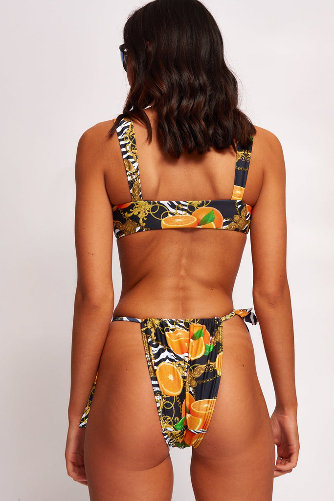 Orange Scarf Print Lace Up Crop Bikini Top