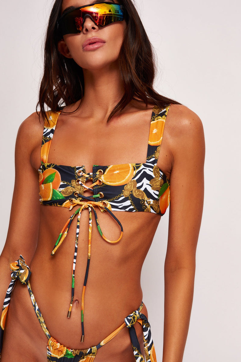 Orange Scarf Print Lace Up Crop Bikini Top