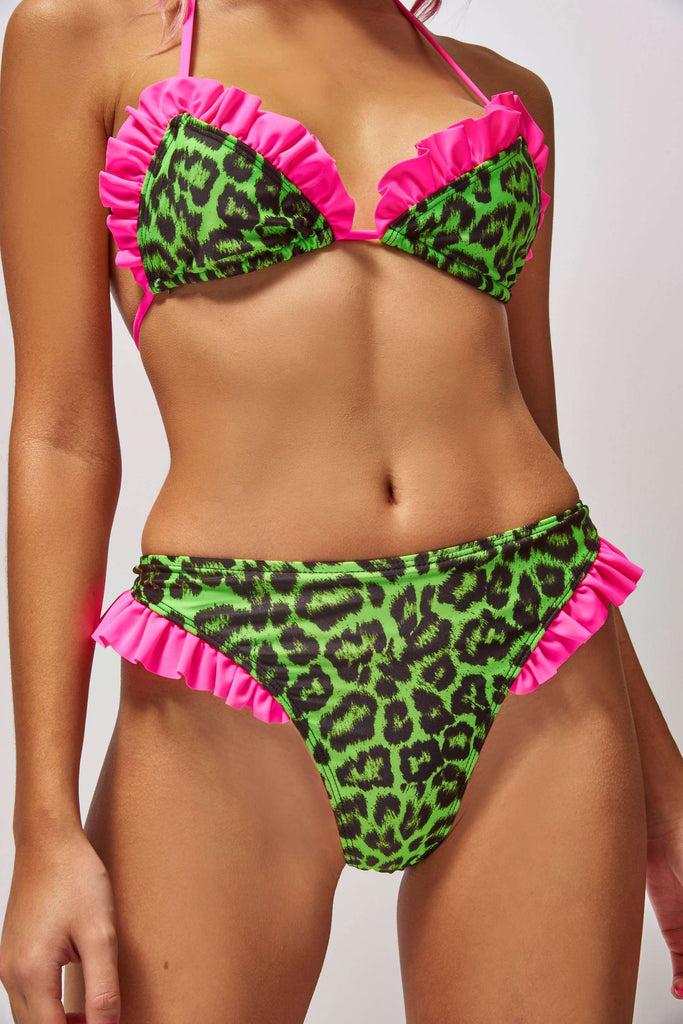Neon Green Leopard Print Thong Bikini Bottoms