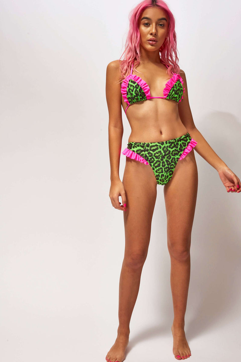 Neon Green Leopard Print Thong Bikini Bottoms