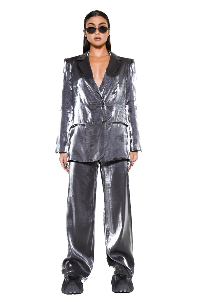 metallic satin fabric loose fit trousers