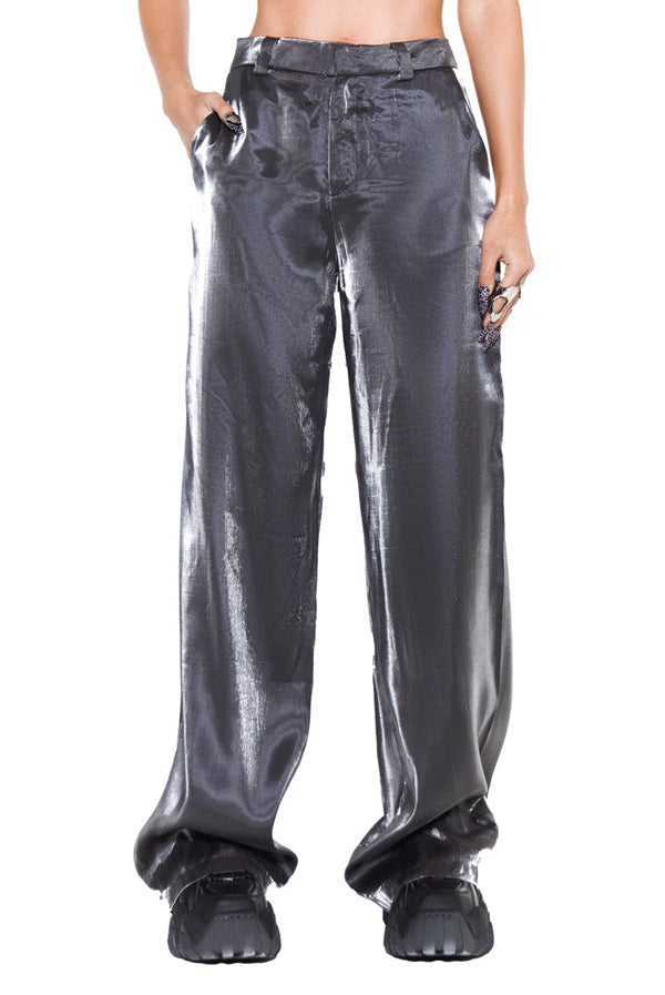 metallic satin fabric loose fit trousers
