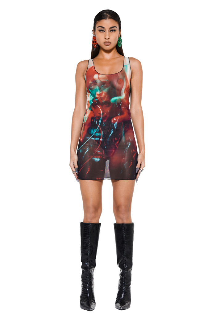 printed scoop neck mini mesh dress