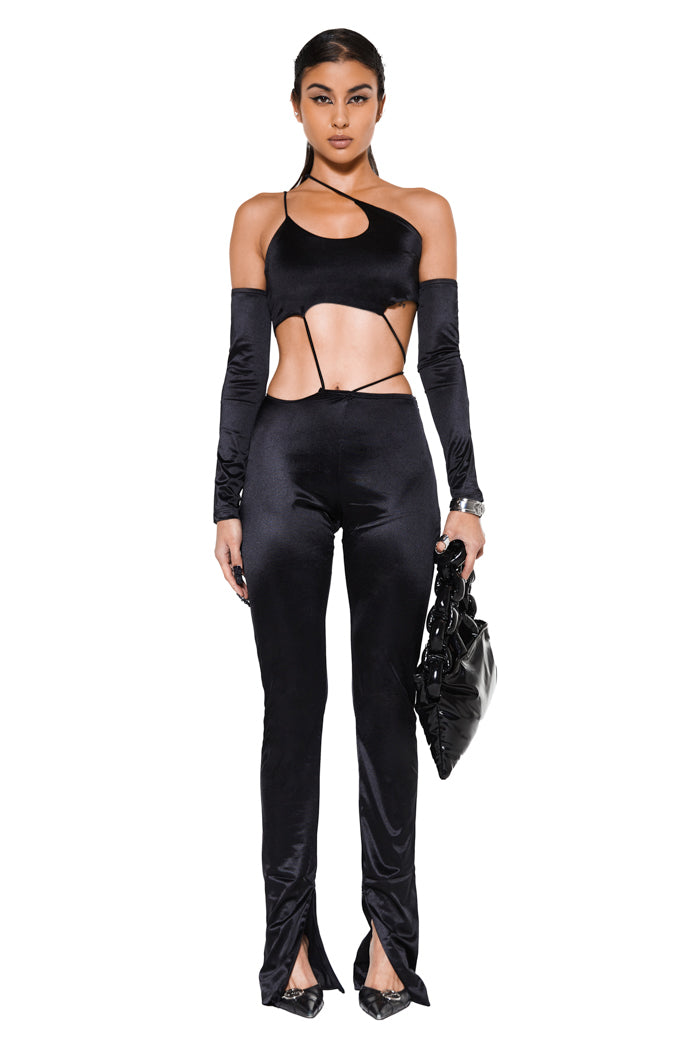 black strappy jersey catsuit