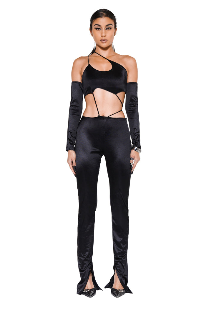 black strappy jersey catsuit