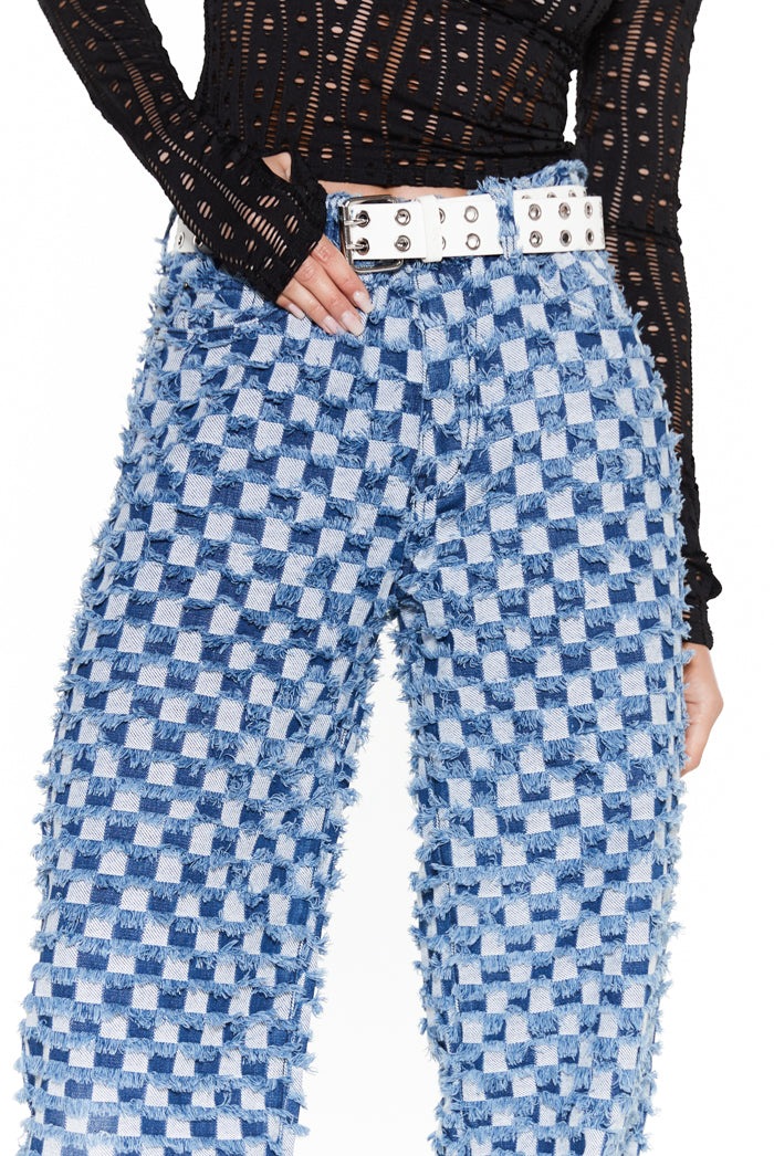 Blue Checkerboard Distressed Boyfriend Jeans