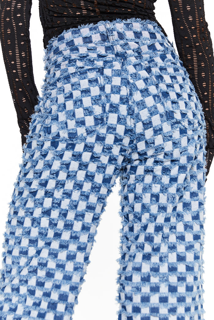 Blue Checkerboard Distressed Boyfriend Jeans