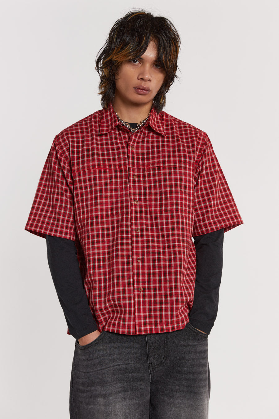 Male model wearing Red Check Short Sleeve Shirt. 