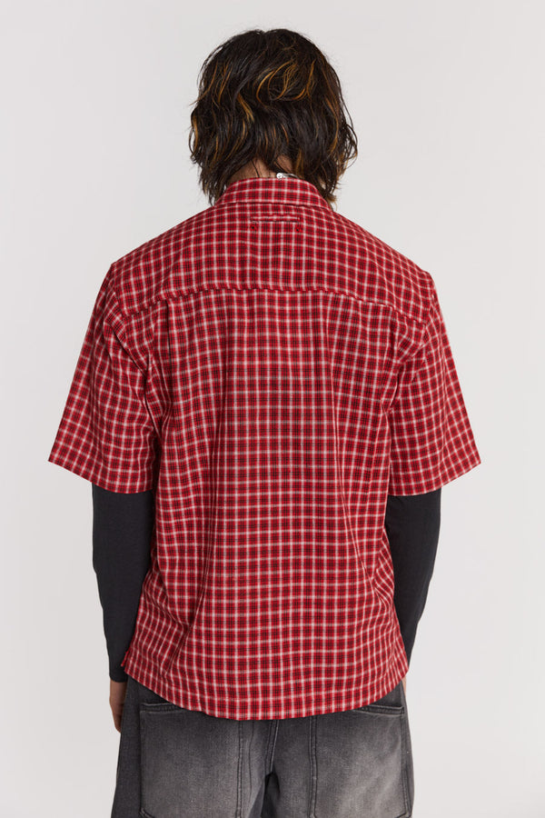 Male model wearing Red Check Short Sleeve Shirt. 