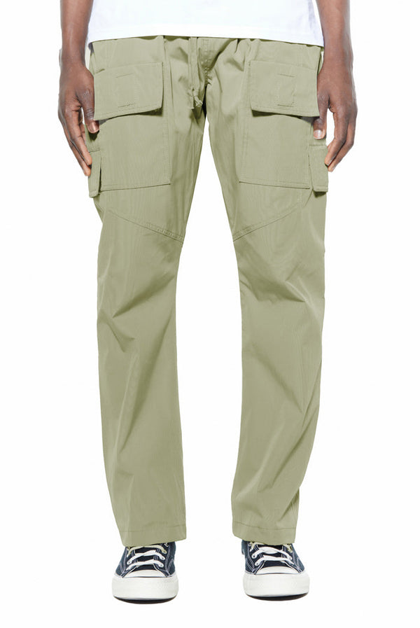 Green nylon straight stacked fit cargo trousers with drawstring waistband.