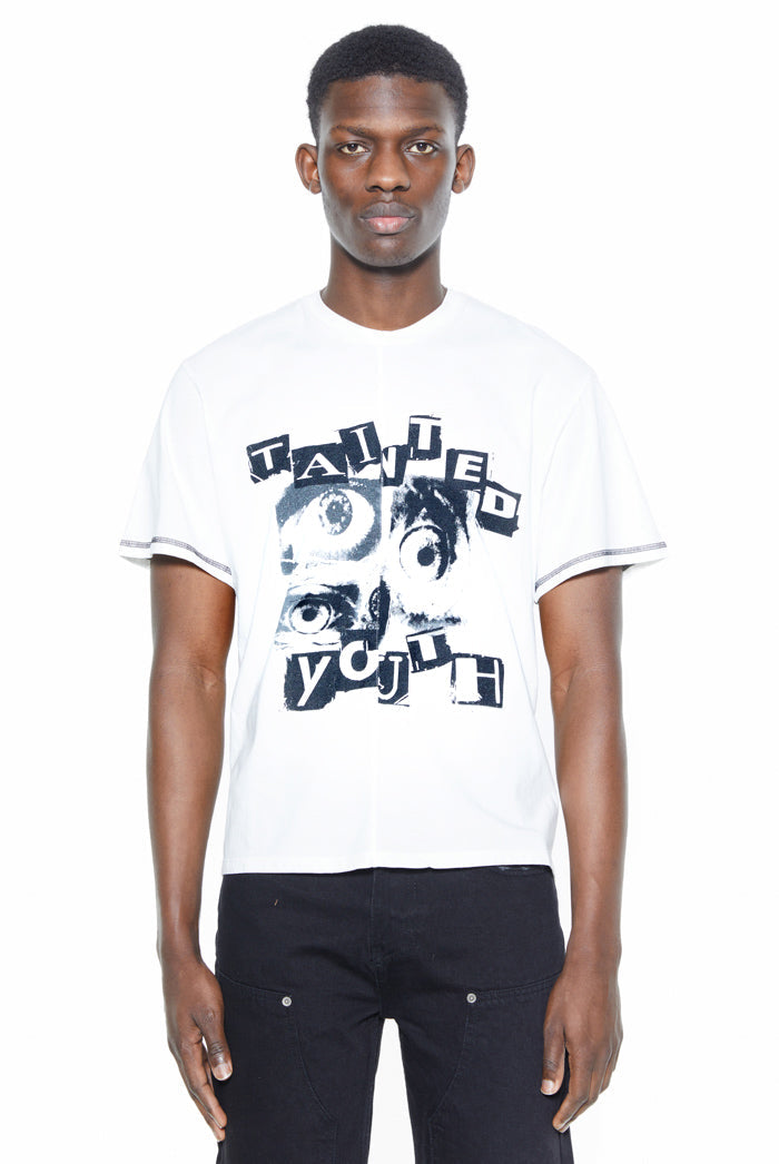 White t-shirt with black and white 'tainted youth' printed graphic.