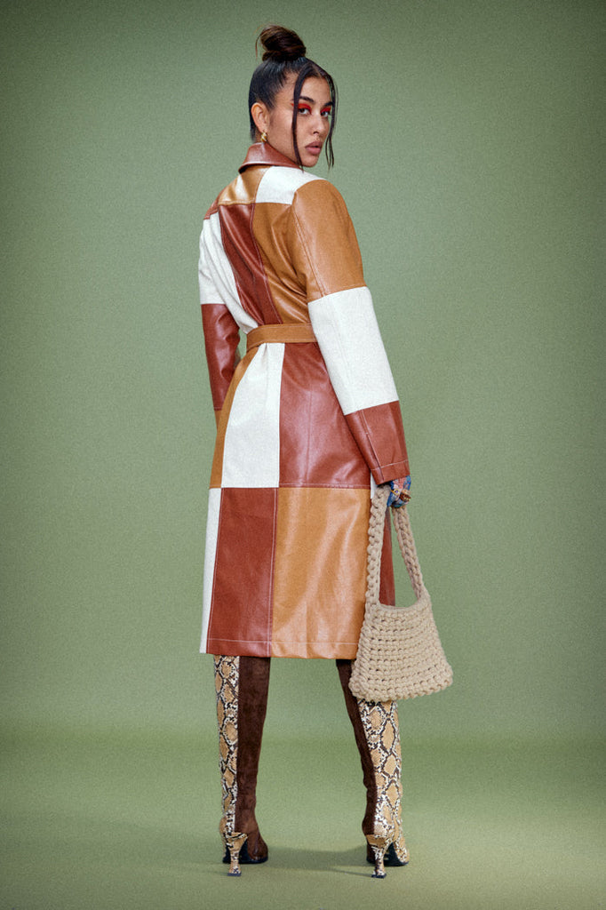 Patchwork PU Trench with Tortoiseshell Buckle Belt