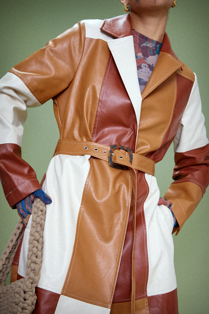 Patchwork PU Trench with Tortoiseshell Buckle Belt