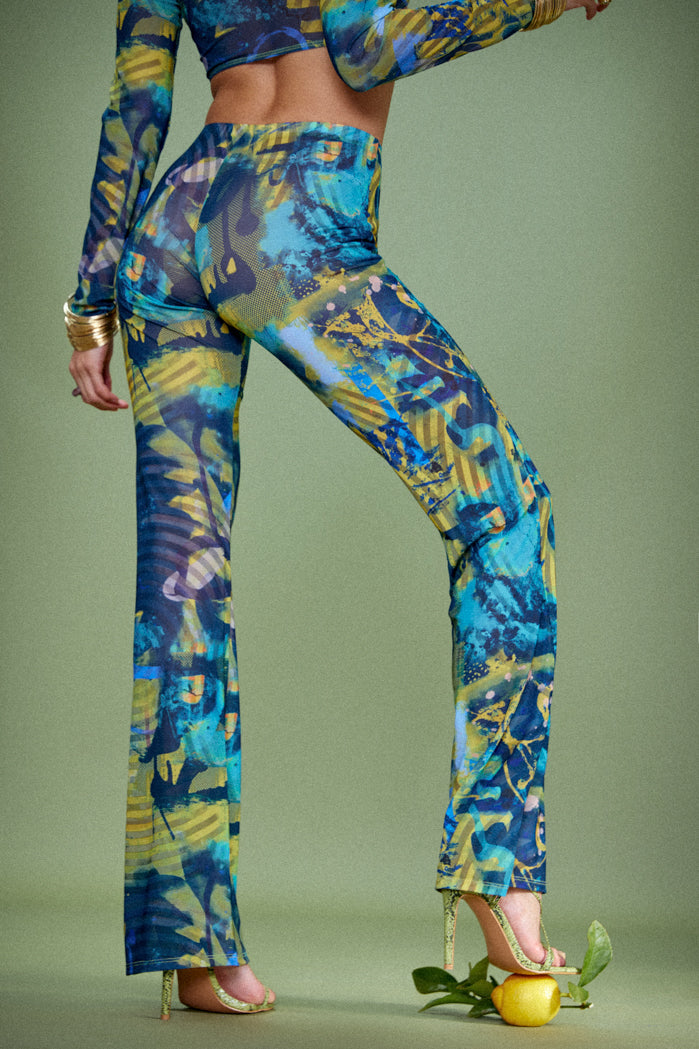 Abstract Burn Print Mesh Bootcut Trousers