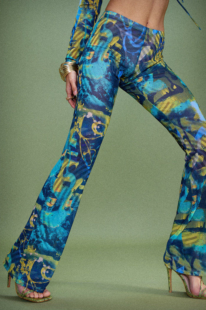 Abstract Burn Print Mesh Bootcut Trousers