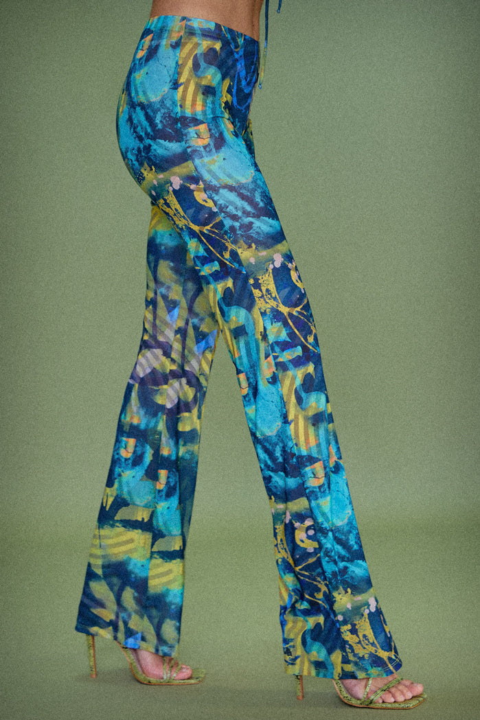 Abstract Burn Print Mesh Bootcut Trousers