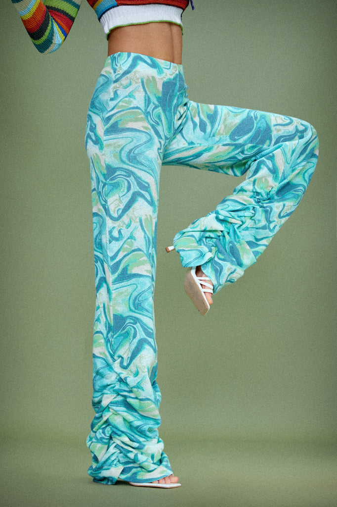 Lime Tie Dye Print Ruched Hem Printed Knit Joggers