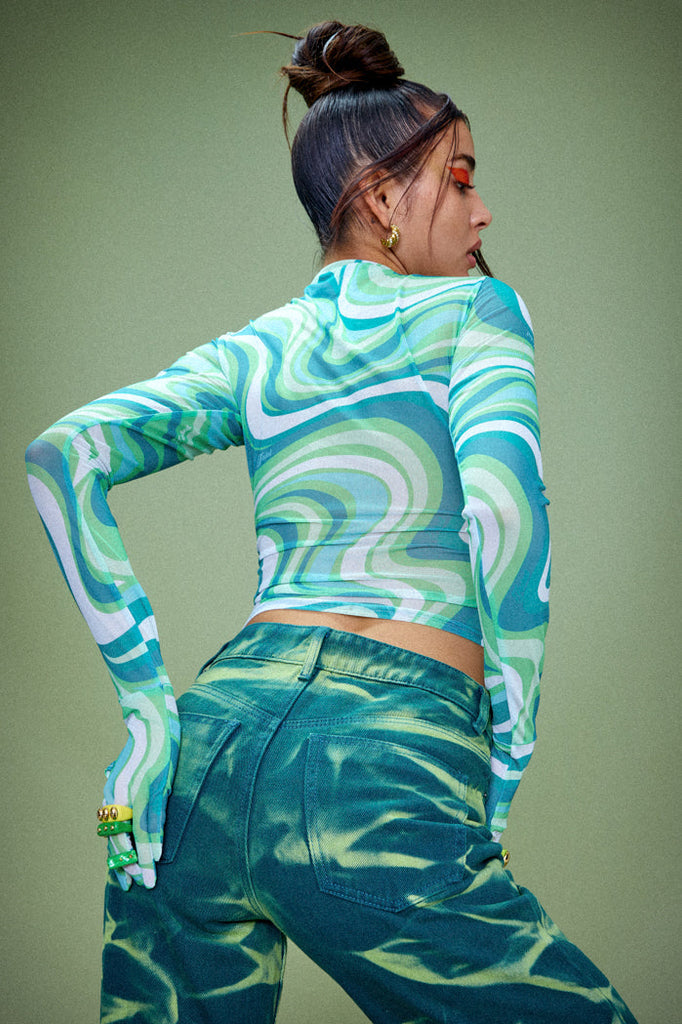 Lime Swirl Print Wrap Over Mesh Top with Gloves