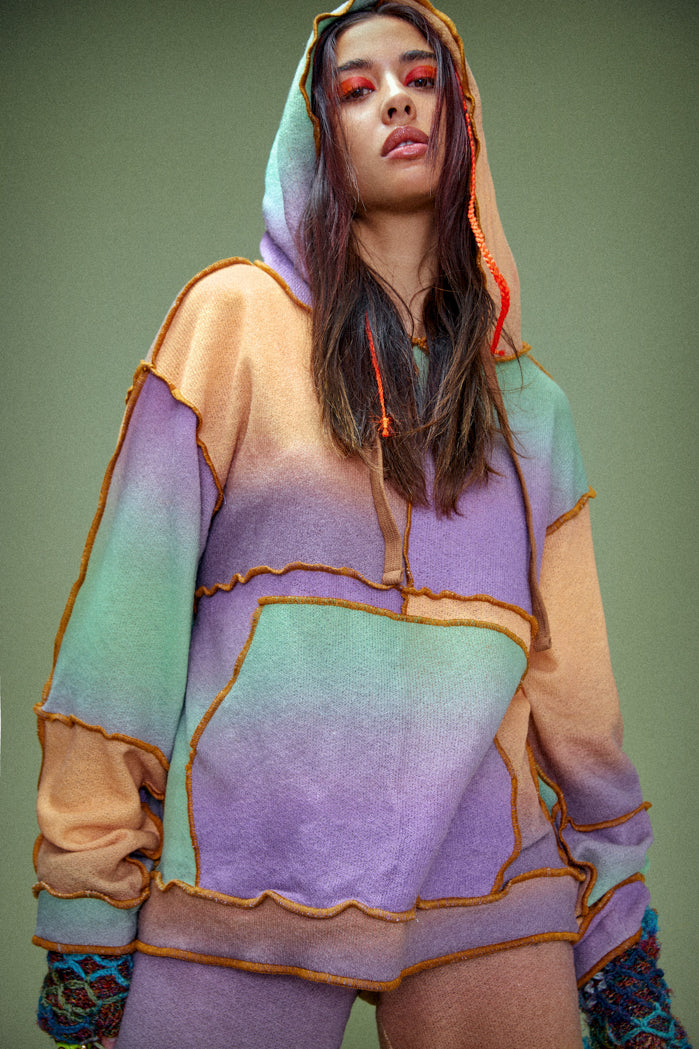 Ombre Mix Patchwork Printed Knit Hoodie