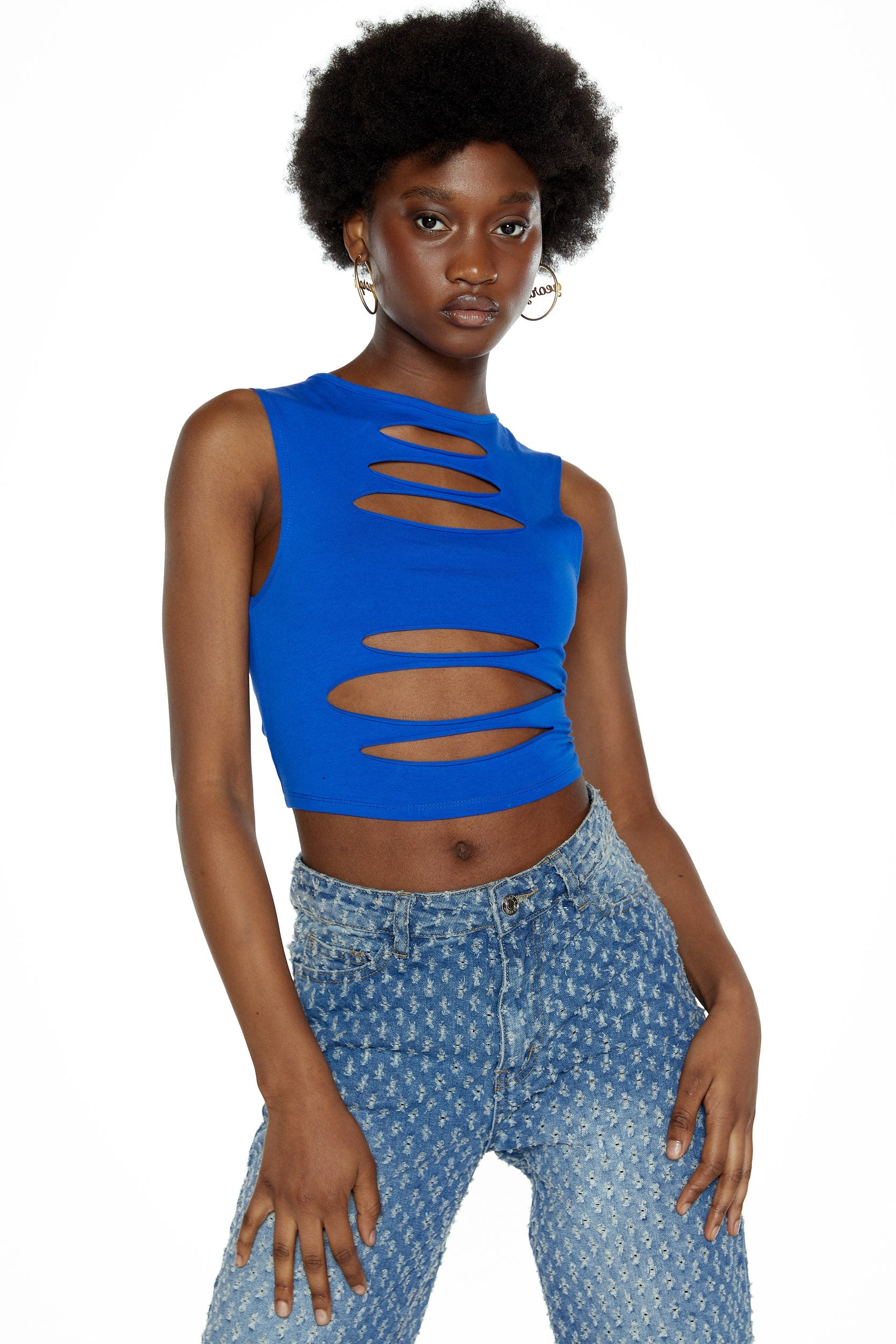 Cobalt blue crew neck crop top with slash detailing. 