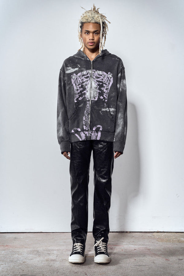 Acid wash black zip up hoodie with ribcage print