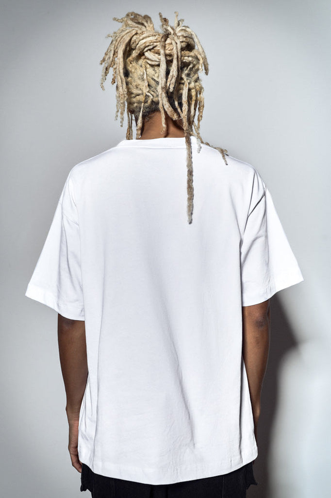 Back view of oversized white t-shirt with graphic red print