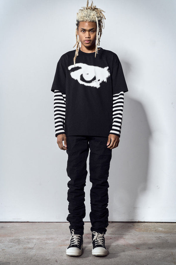Black oversized long sleeve tshirt with graphic print and mock stripe layered sleeves