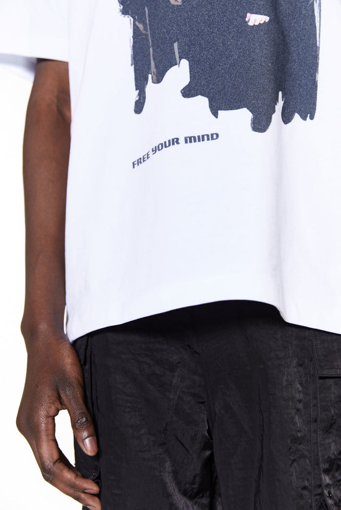 close up detail of oversized white printed tshirt